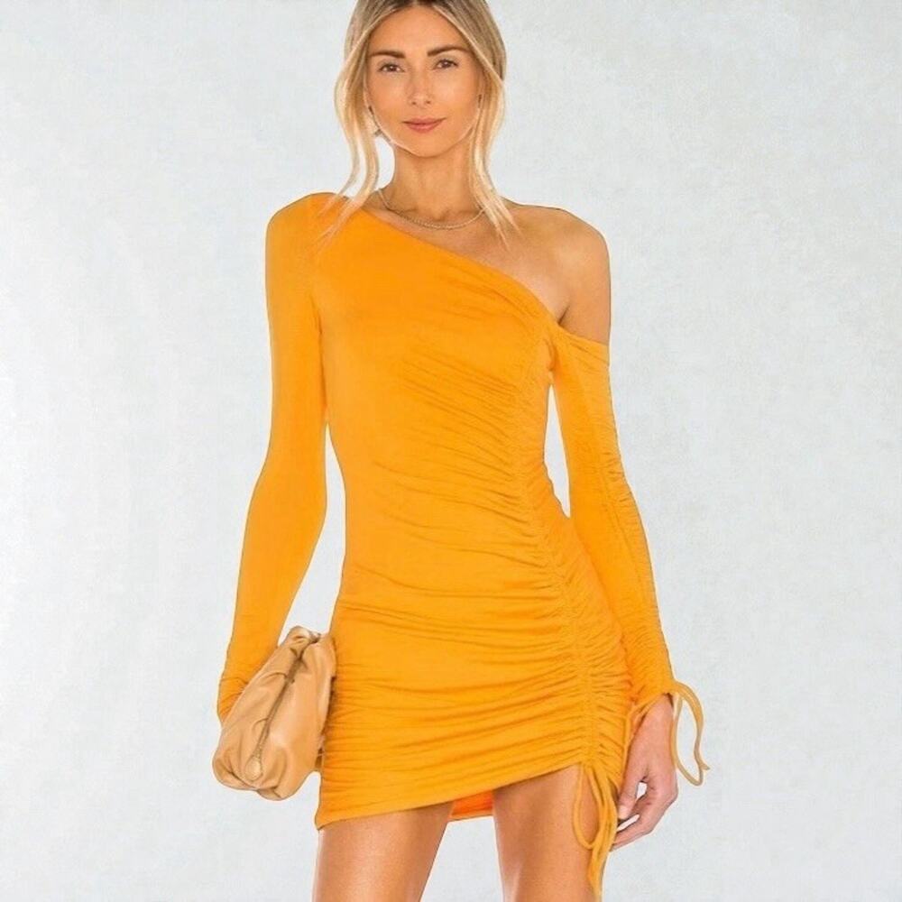 NWT Camila Coelho Lena Mini Dress One Shoulder Ruched Orange Bodycon Party Small